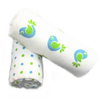MuslinZ 2 Pack Muslin Swaddles 100x90cm - Blue Spot/Bird