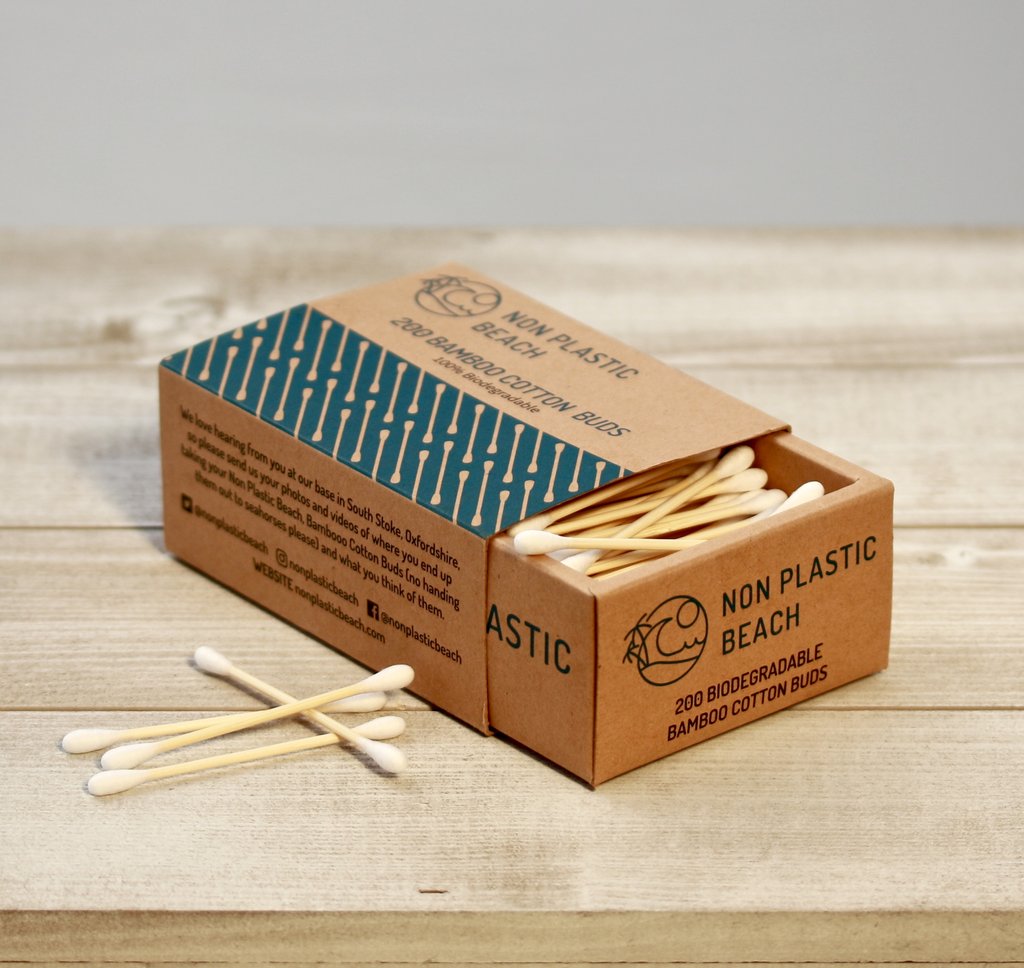 Non Plastic Beach 200 Biodegradable Bamboo Cotton Buds in Cardboard Box